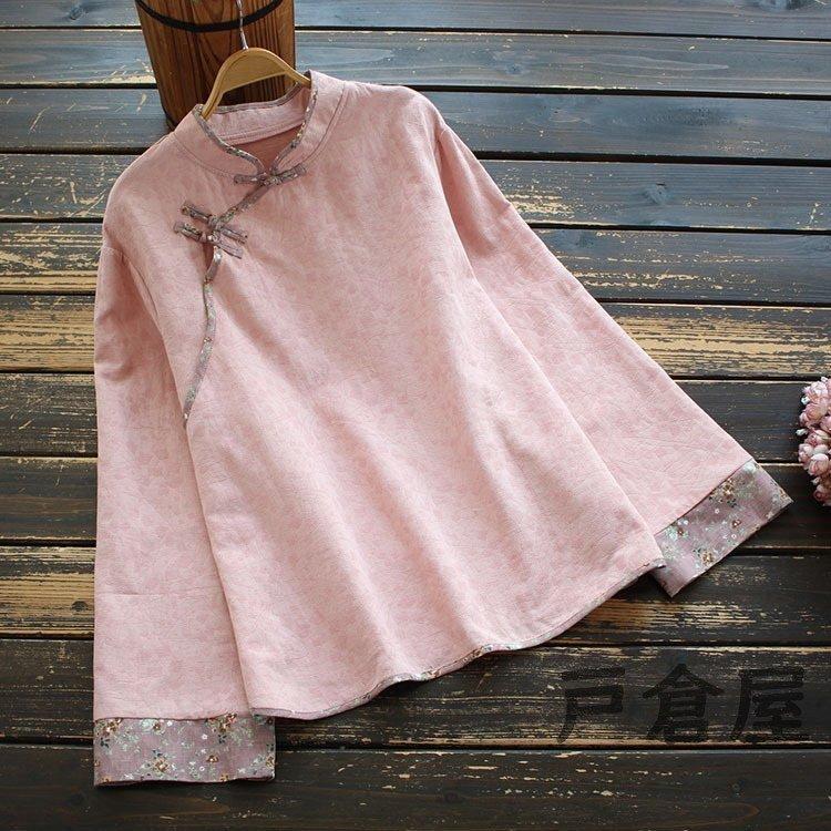 シャツ ブラウス レディース 春秋 きれいめ 2021 トップス 花柄立ち襟 チャイナシャツ 長袖 綿麻 