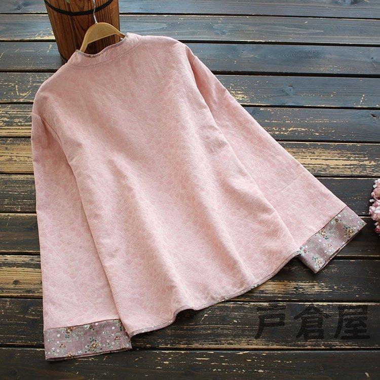 シャツ ブラウス レディース 春秋 きれいめ 2021 トップス 花柄立ち襟 チャイナシャツ 長袖 綿麻 