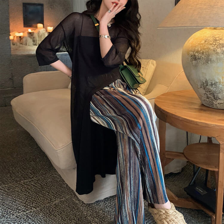 ワンピース レディース ７分袖 透け感 Ｔシャツワンピース シアートップス ニット ゆったり オーバーワンピース シースルー 韓国 編み 