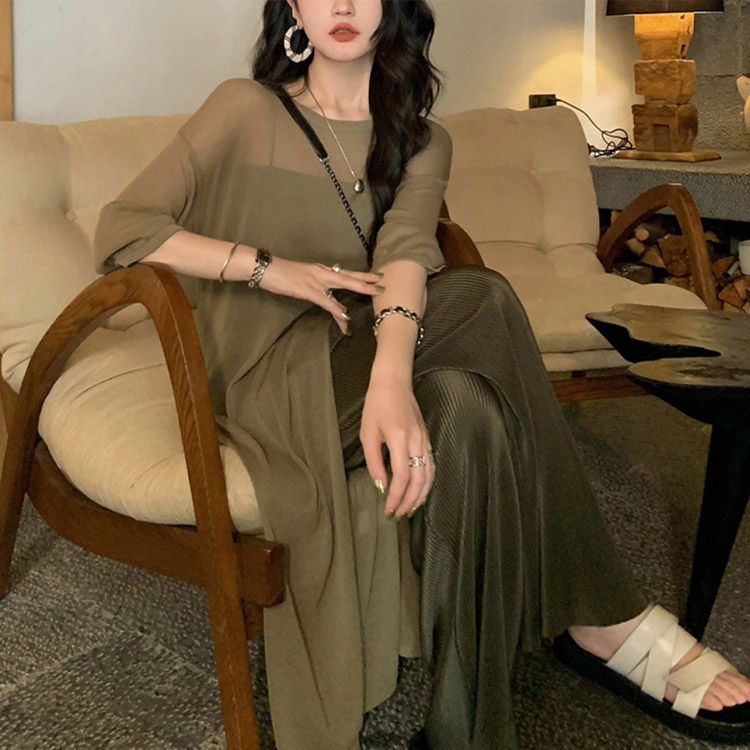 ワンピース レディース ７分袖 透け感 Ｔシャツワンピース シアートップス ニット ゆったり オーバーワンピース シースルー 韓国 編み 