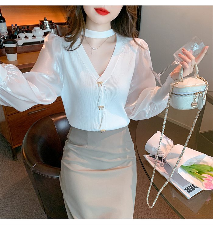 パフスリーブ 長袖シャツ ブラウス ニット トップス レディース Vネック 大人 キレイめ上品 長袖 シンプル カジュアル 