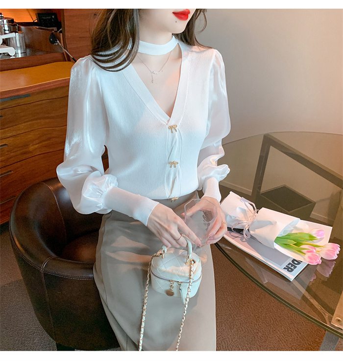 パフスリーブ 長袖シャツ ブラウス ニット トップス レディース Vネック 大人 キレイめ上品 長袖 シンプル カジュアル 