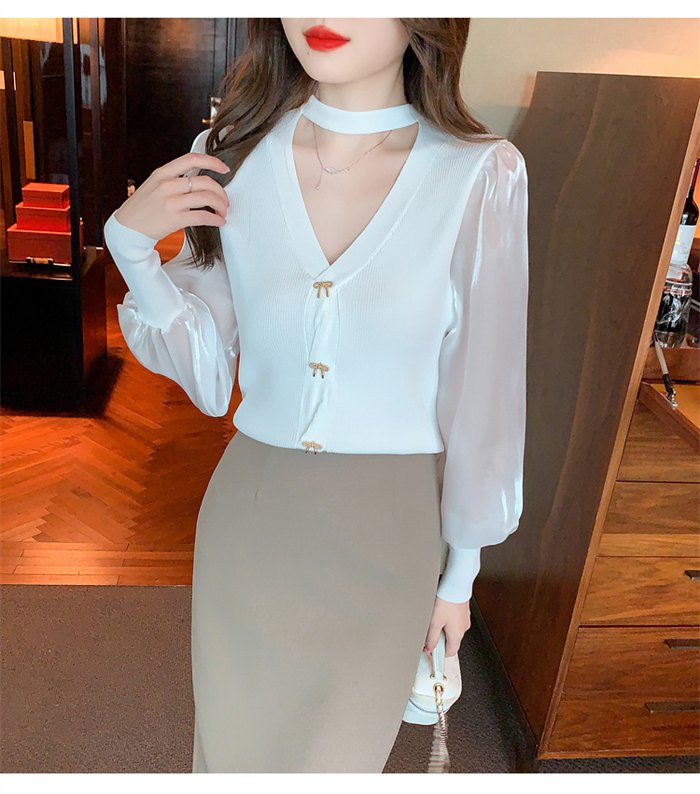 パフスリーブ 長袖シャツ ブラウス ニット トップス レディース Vネック 大人 キレイめ上品 長袖 シンプル カジュアル 