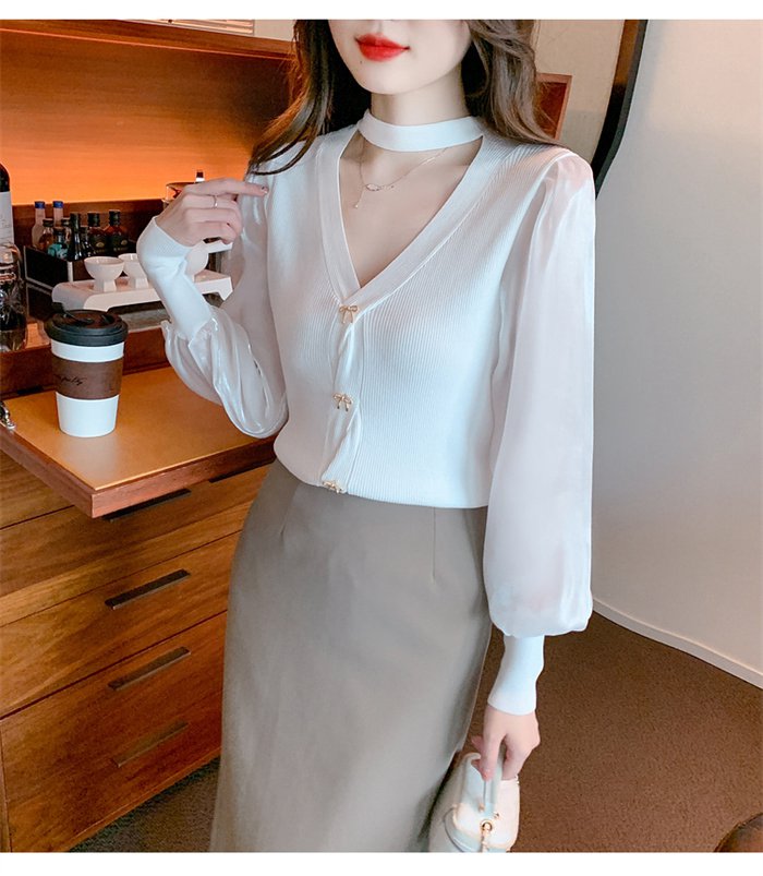 パフスリーブ 長袖シャツ ブラウス ニット トップス レディース Vネック 大人 キレイめ上品 長袖 シンプル カジュアル 