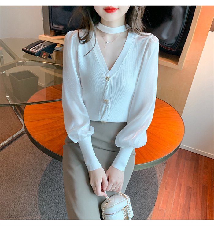 パフスリーブ 長袖シャツ ブラウス ニット トップス レディース Vネック 大人 キレイめ上品 長袖 シンプル カジュアル 