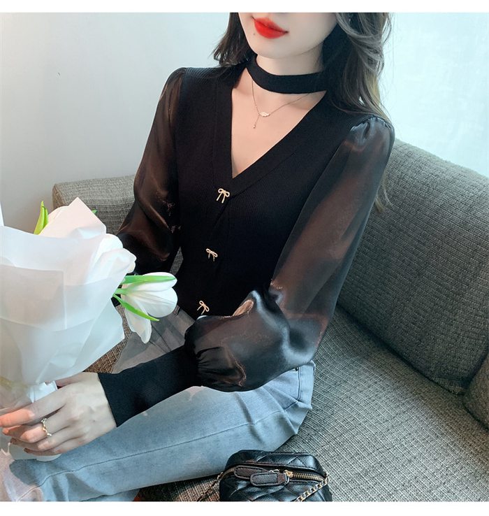 パフスリーブ 長袖シャツ ブラウス ニット トップス レディース Vネック 大人 キレイめ上品 長袖 シンプル カジュアル 