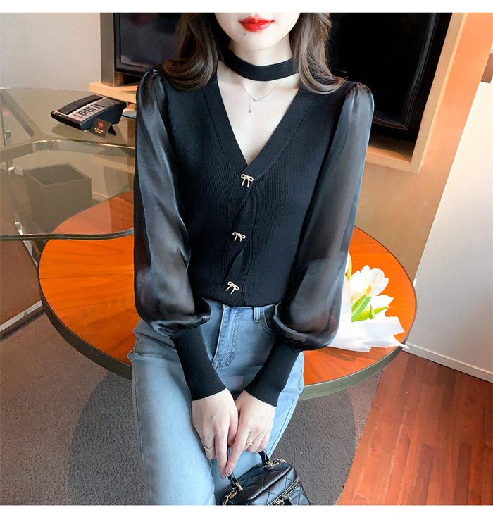 パフスリーブ 長袖シャツ ブラウス ニット トップス レディース Vネック 大人 キレイめ上品 長袖 シンプル カジュアル 