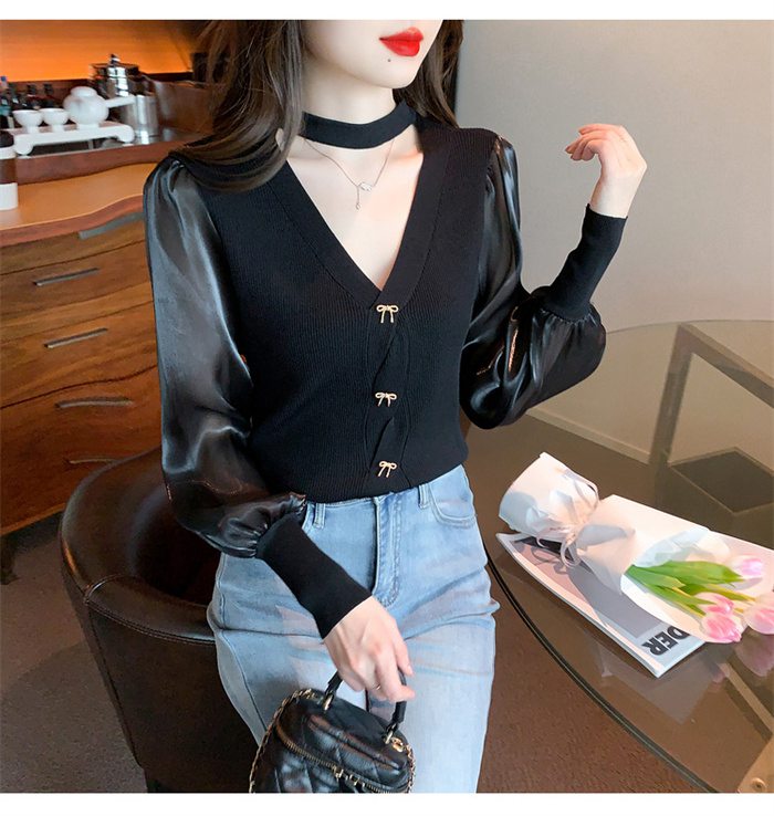 パフスリーブ 長袖シャツ ブラウス ニット トップス レディース Vネック 大人 キレイめ上品 長袖 シンプル カジュアル 