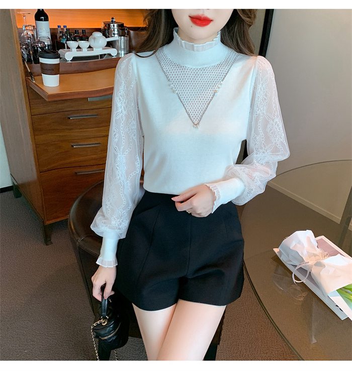 パフスリーブ 長袖シャツ ブラウス ニット トップス レディース Vネック 大人 キレイめ上品 長袖 シンプル カジュアル 