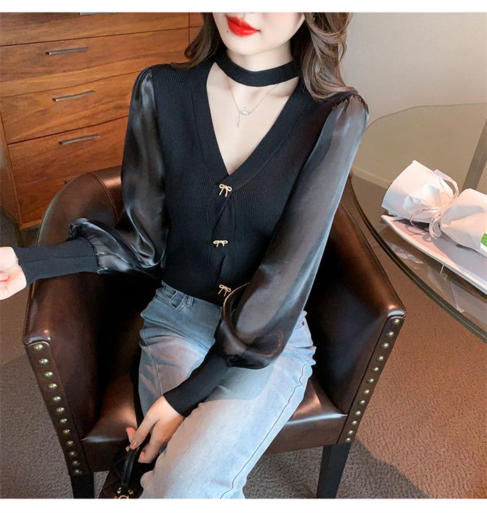 パフスリーブ 長袖シャツ ブラウス ニット トップス レディース Vネック 大人 キレイめ上品 長袖 シンプル カジュアル 