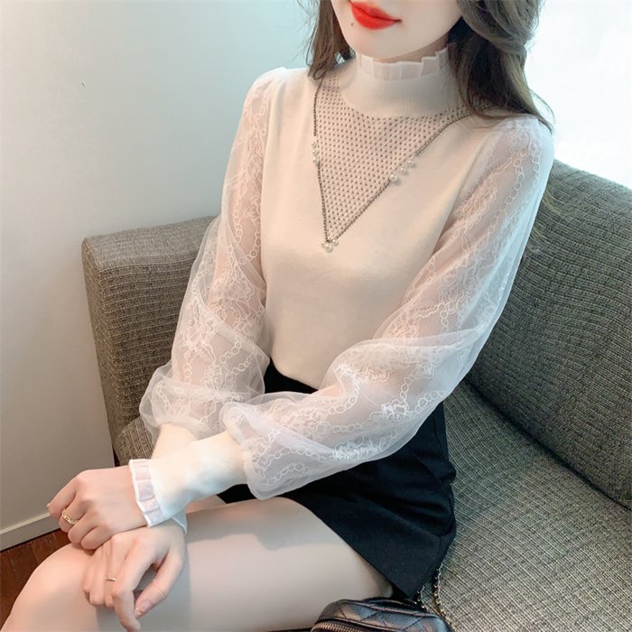 パフスリーブ 長袖シャツ ブラウス ニット トップス レディース Vネック 大人 キレイめ上品 長袖 シンプル カジュアル 