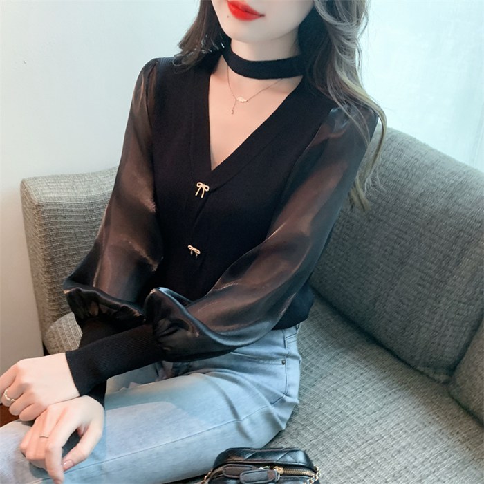 パフスリーブ 長袖シャツ ブラウス ニット トップス レディース Vネック 大人 キレイめ上品 長袖 シンプル カジュアル 