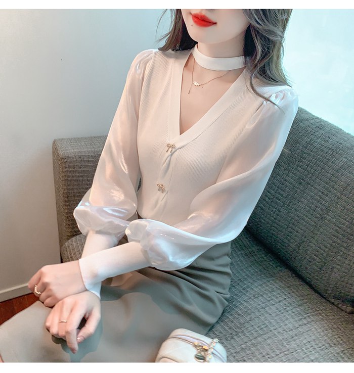 パフスリーブ 長袖シャツ ブラウス ニット トップス レディース Vネック 大人 キレイめ上品 長袖 シンプル カジュアル 