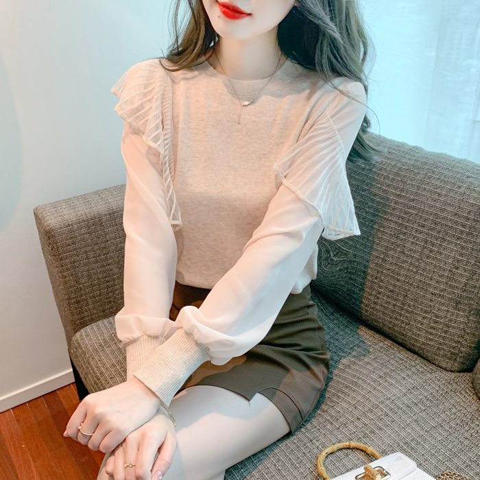 ニットブラウス レディース 秋服 長袖 上品 フリル 通勤 トップス クールネック ニットソー 韓国風 カジュアル 着やせ ブラウス 