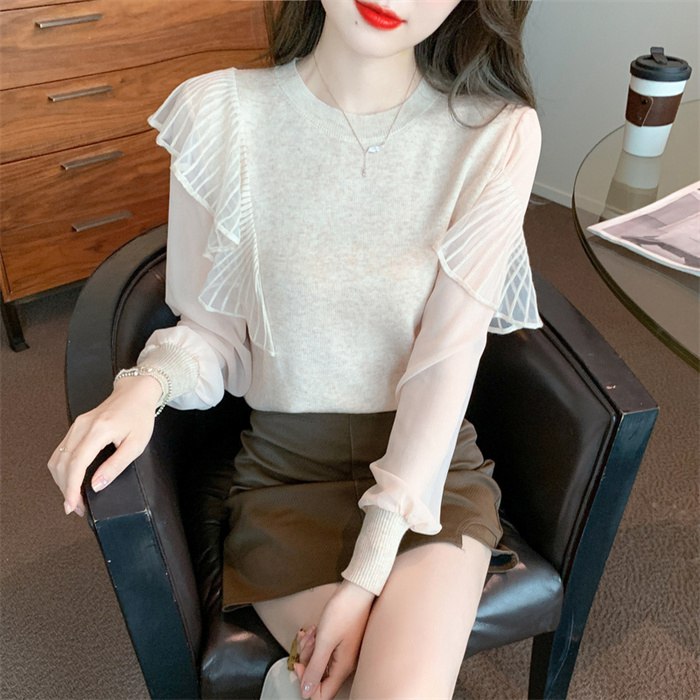 ニットブラウス レディース 秋服 長袖 上品 フリル 通勤 トップス クールネック ニットソー 韓国風 カジュアル 着やせ ブラウス 