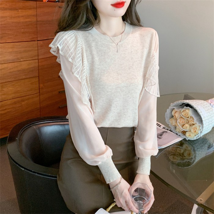 ニットブラウス レディース 秋服 長袖 上品 フリル 通勤 トップス クールネック ニットソー 韓国風 カジュアル 着やせ ブラウス 