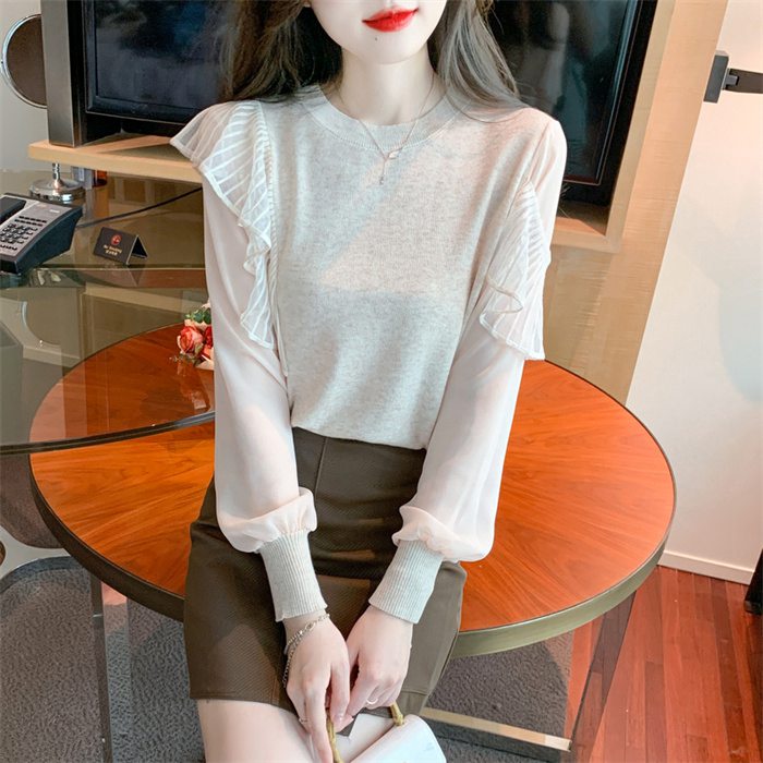 ニットブラウス レディース 秋服 長袖 上品 フリル 通勤 トップス クールネック ニットソー 韓国風 カジュアル 着やせ ブラウス 