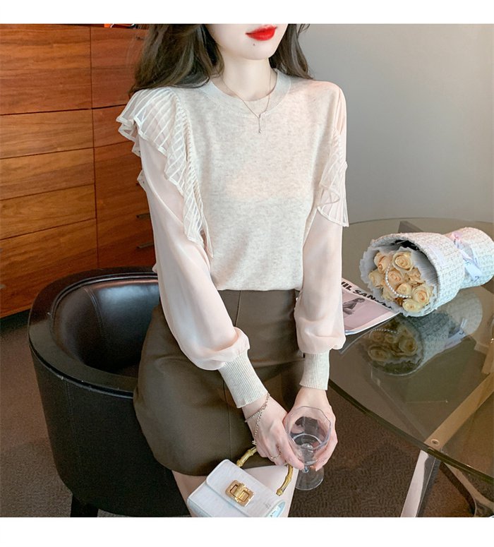 ニットブラウス レディース 秋服 長袖 上品 フリル 通勤 トップス クールネック ニットソー 韓国風 カジュアル 着やせ ブラウス 