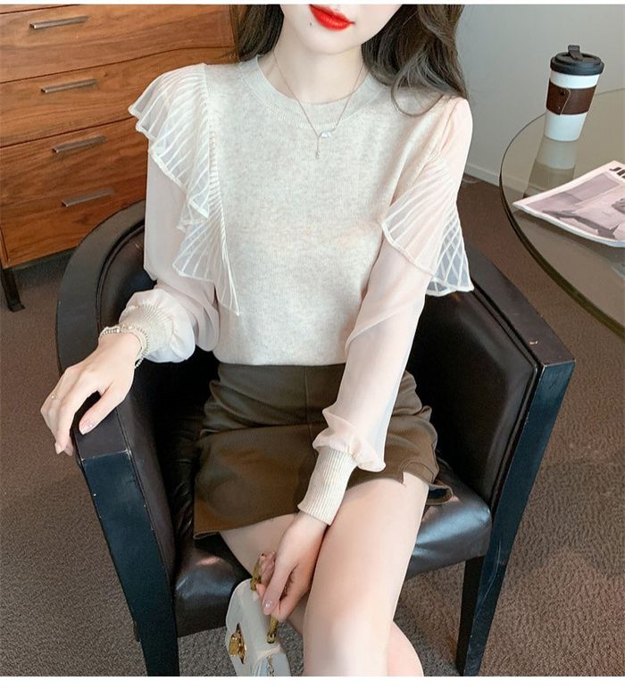 ニットブラウス レディース 秋服 長袖 上品 フリル 通勤 トップス クールネック ニットソー 韓国風 カジュアル 着やせ ブラウス 