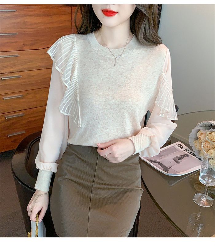 ニットブラウス レディース 秋服 長袖 上品 フリル 通勤 トップス クールネック ニットソー 韓国風 カジュアル 着やせ ブラウス 