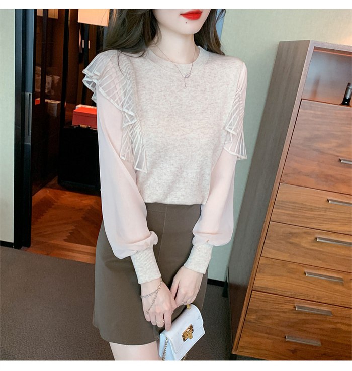 ニットブラウス レディース 秋服 長袖 上品 フリル 通勤 トップス クールネック ニットソー 韓国風 カジュアル 着やせ ブラウス 