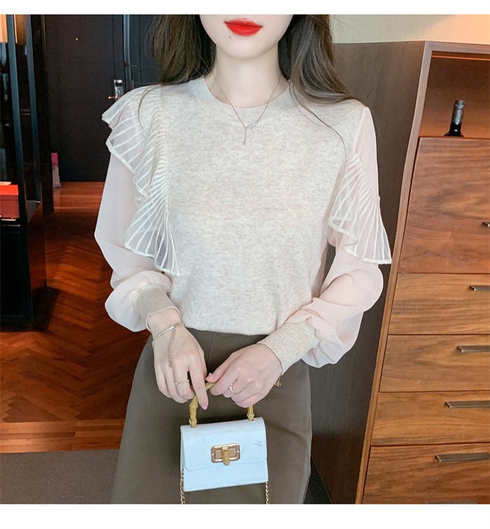 ニットブラウス レディース 秋服 長袖 上品 フリル 通勤 トップス クールネック ニットソー 韓国風 カジュアル 着やせ ブラウス 