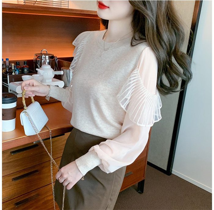 ニットブラウス レディース 秋服 長袖 上品 フリル 通勤 トップス クールネック ニットソー 韓国風 カジュアル 着やせ ブラウス 