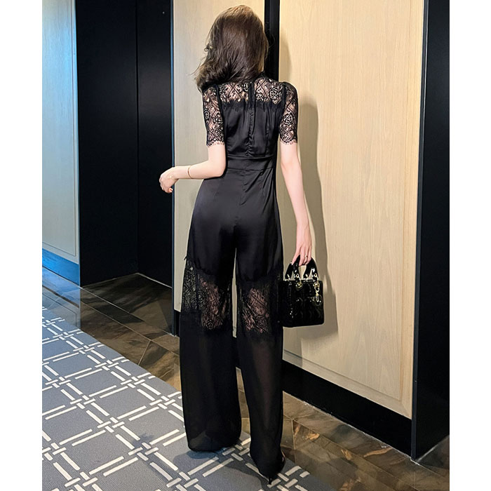 シースルーレース半袖 ロング オールインワンパンツドレスワンピース 黒 結婚式 お呼ばれ パーティー 韓国 ドレス 