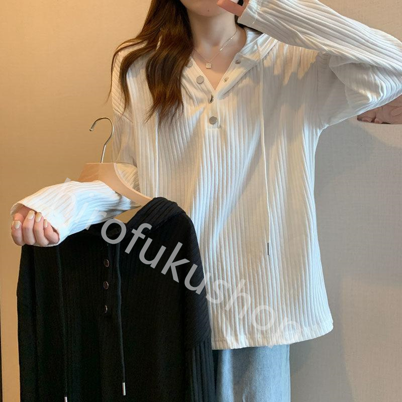 長袖プルオーバー レディース 長袖Tシャツ フード付き カットソー トップス カジュアル シンプル 柔らかい ゆったり 春秋 体型カバー 