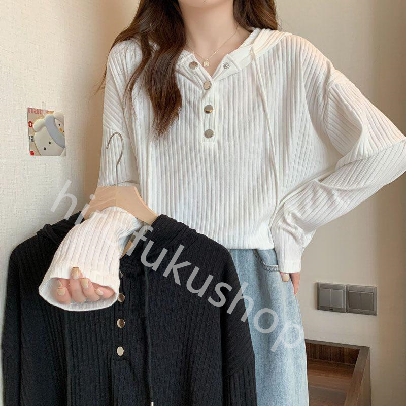 長袖プルオーバー レディース 長袖Tシャツ フード付き カットソー トップス カジュアル シンプル 柔らかい ゆったり 春秋 体型カバー 
