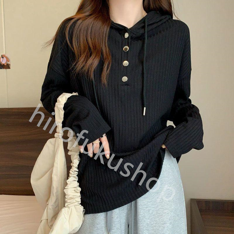 長袖プルオーバー レディース 長袖Tシャツ フード付き カットソー トップス カジュアル シンプル 柔らかい ゆったり 春秋 体型カバー 