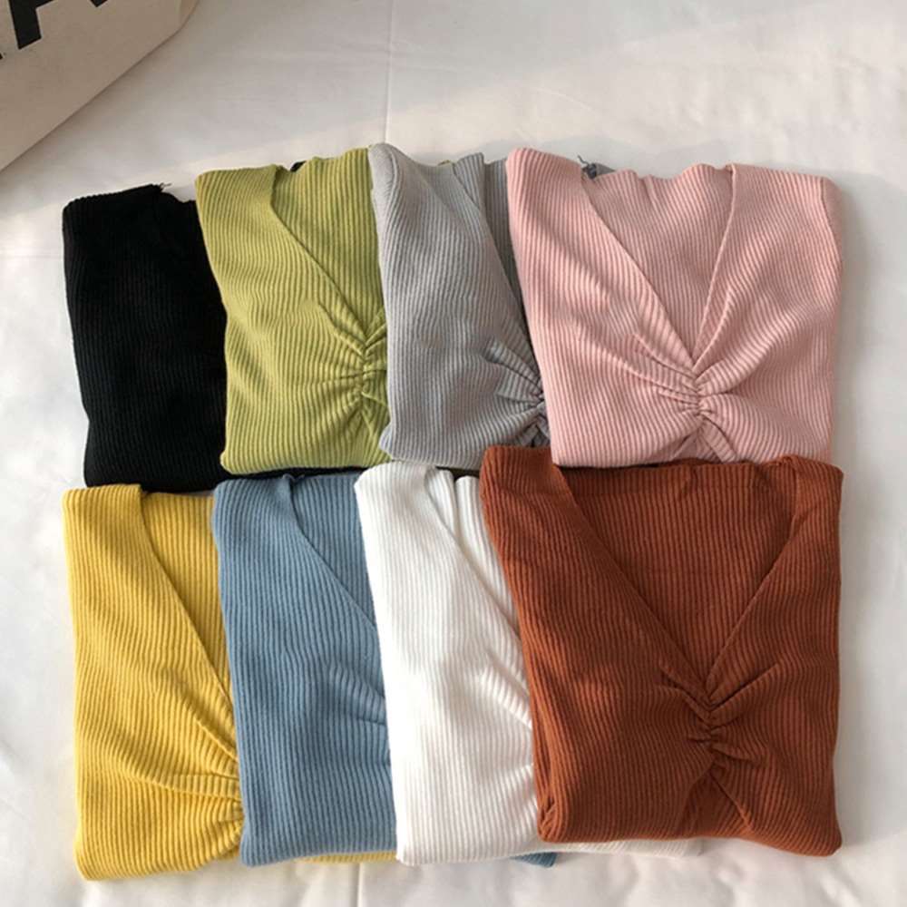 キャザー リブ ニット トップス レディース Vネック ニットカットソー 長袖 着やせ 