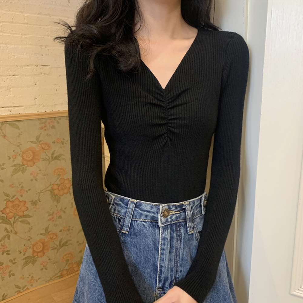 キャザー リブ ニット トップス レディース Vネック ニットカットソー 長袖 着やせ 