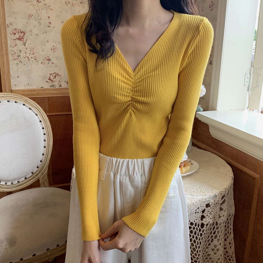 キャザー リブ ニット トップス レディース Vネック ニットカットソー 長袖 着やせ 