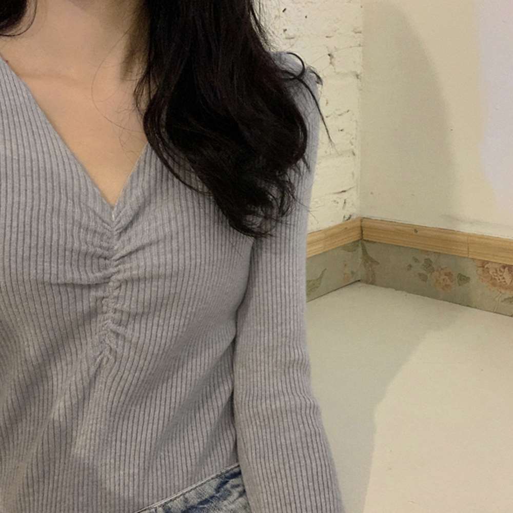 キャザー リブ ニット トップス レディース Vネック ニットカットソー 長袖 着やせ 