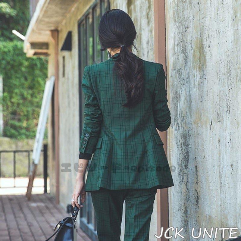 セットアップスーツ 2点セット シングル パンツスーツ フォーマル レディース スーツジャケット 春夏秋 テーラード OL スーツセット チェック柄 