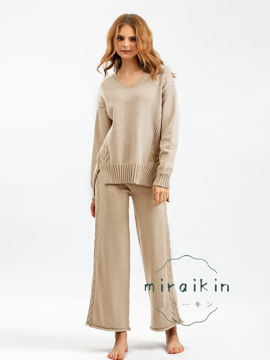 セットアップ ワイドパンツ レディース 秋冬 長袖 Vネック セーター 送料無料 パンツスーツ ニットパンツ おしゃれ ガウチョパンツ ケーブル編み ママ 