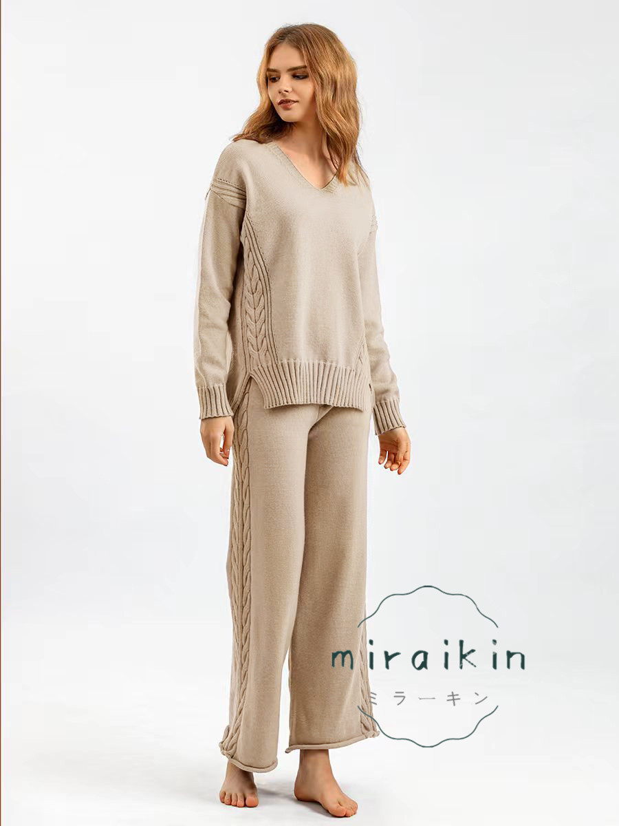 セットアップ ワイドパンツ レディース 秋冬 長袖 Vネック セーター 送料無料 パンツスーツ ニットパンツ おしゃれ ガウチョパンツ ケーブル編み ママ 