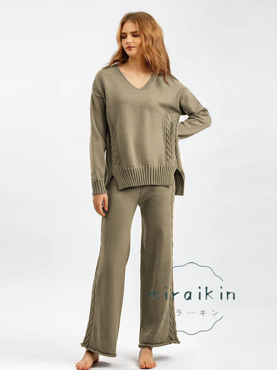 セットアップ ワイドパンツ レディース 秋冬 長袖 Vネック セーター 送料無料 パンツスーツ ニットパンツ おしゃれ ガウチョパンツ ケーブル編み ママ 