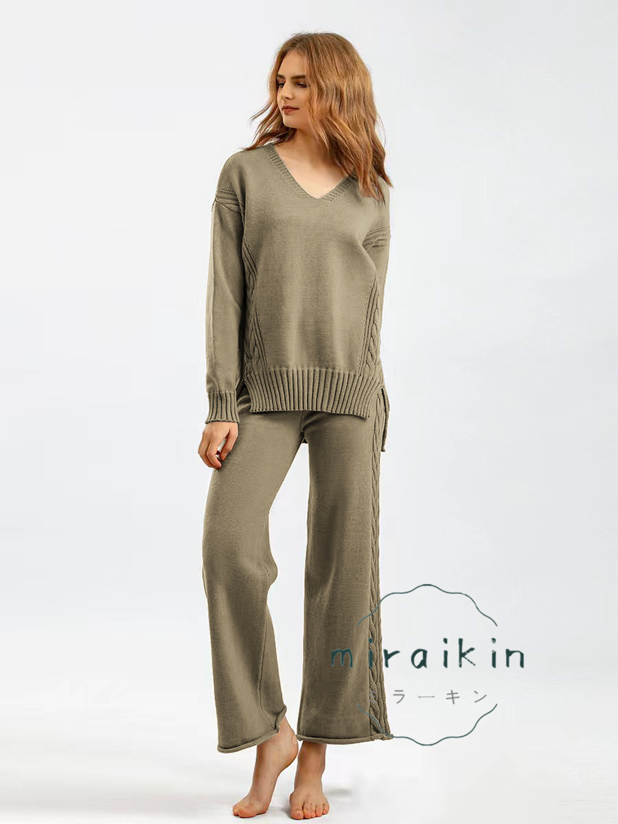 セットアップ ワイドパンツ レディース 秋冬 長袖 Vネック セーター 送料無料 パンツスーツ ニットパンツ おしゃれ ガウチョパンツ ケーブル編み ママ 