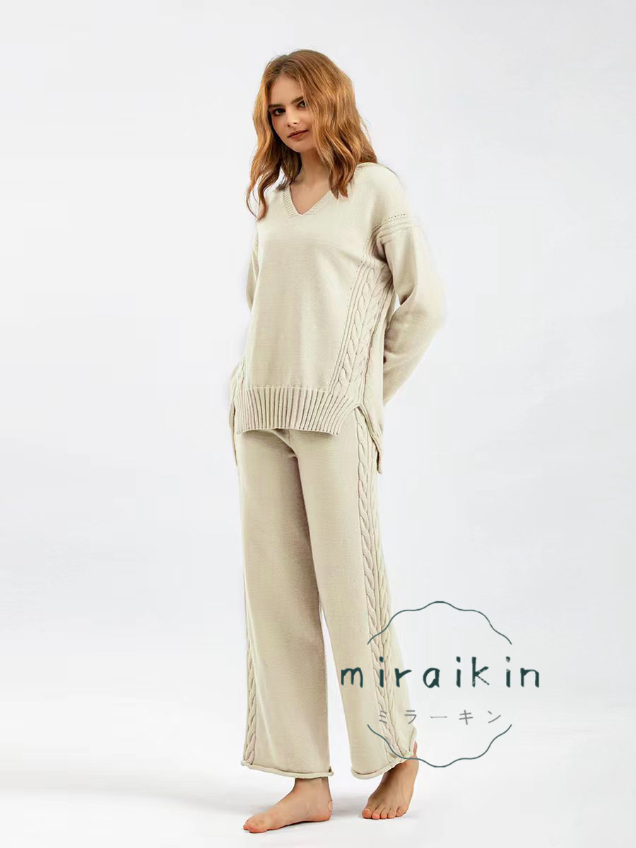 セットアップ ワイドパンツ レディース 秋冬 長袖 Vネック セーター 送料無料 パンツスーツ ニットパンツ おしゃれ ガウチョパンツ ケーブル編み ママ 