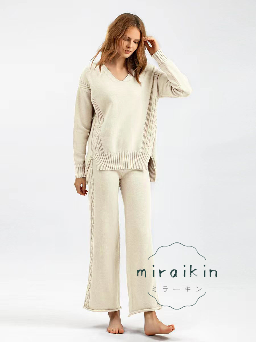 セットアップ ワイドパンツ レディース 秋冬 長袖 Vネック セーター 送料無料 パンツスーツ ニットパンツ おしゃれ ガウチョパンツ ケーブル編み ママ 