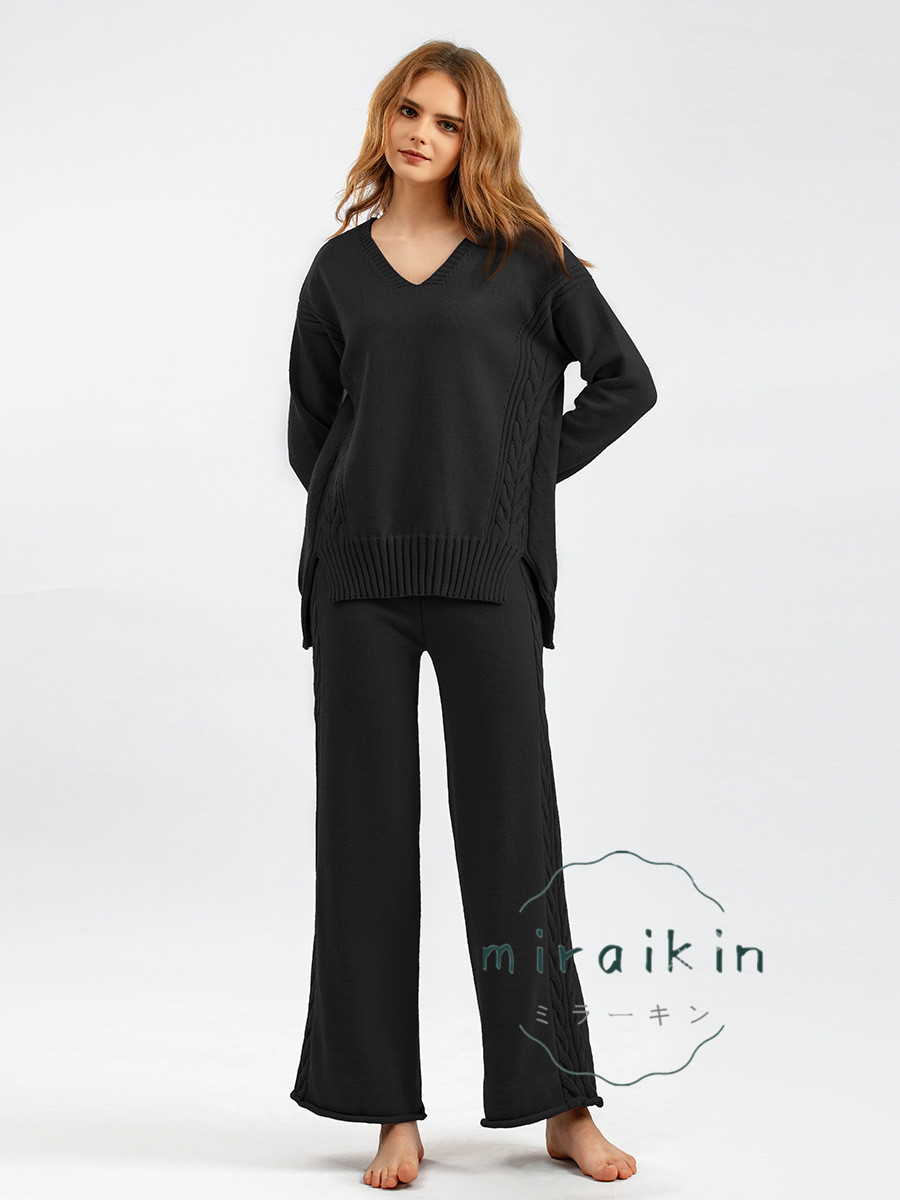 セットアップ ワイドパンツ レディース 秋冬 長袖 Vネック セーター 送料無料 パンツスーツ ニットパンツ おしゃれ ガウチョパンツ ケーブル編み ママ 