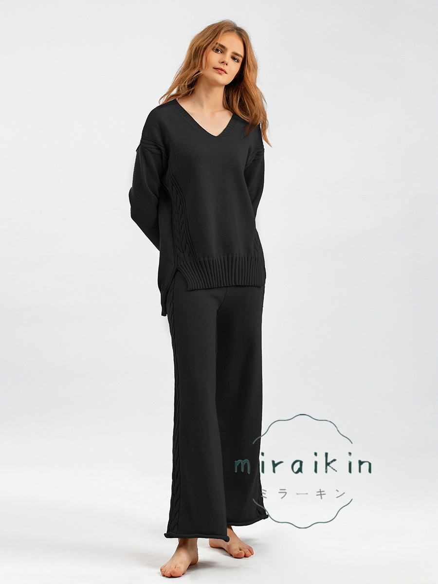 セットアップ ワイドパンツ レディース 秋冬 長袖 Vネック セーター 送料無料 パンツスーツ ニットパンツ おしゃれ ガウチョパンツ ケーブル編み ママ 