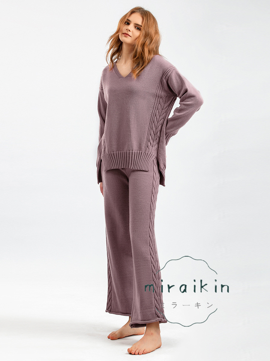 セットアップ ワイドパンツ レディース 秋冬 長袖 Vネック セーター 送料無料 パンツスーツ ニットパンツ おしゃれ ガウチョパンツ ケーブル編み ママ 