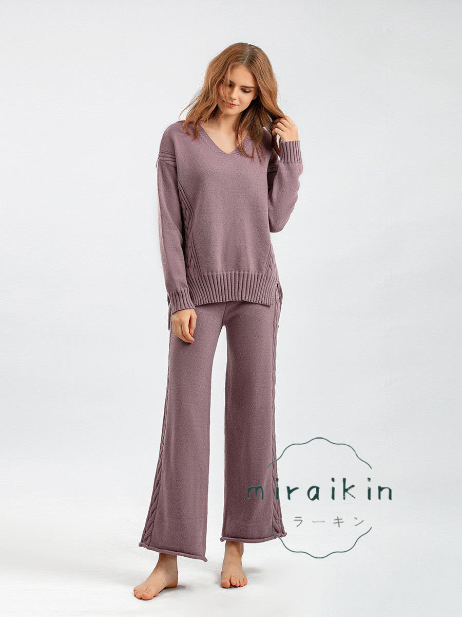 セットアップ ワイドパンツ レディース 秋冬 長袖 Vネック セーター 送料無料 パンツスーツ ニットパンツ おしゃれ ガウチョパンツ ケーブル編み ママ 