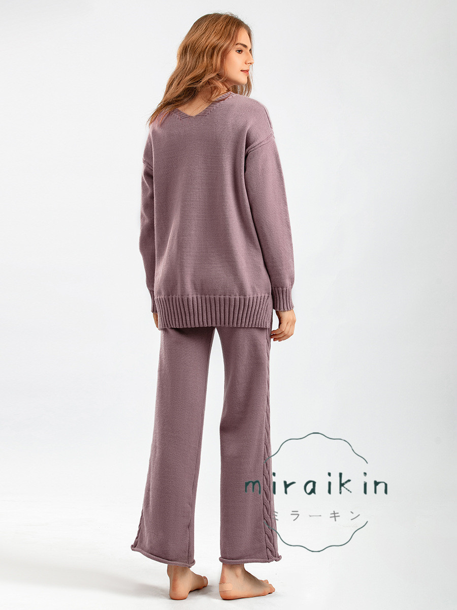 セットアップ ワイドパンツ レディース 秋冬 長袖 Vネック セーター 送料無料 パンツスーツ ニットパンツ おしゃれ ガウチョパンツ ケーブル編み ママ 