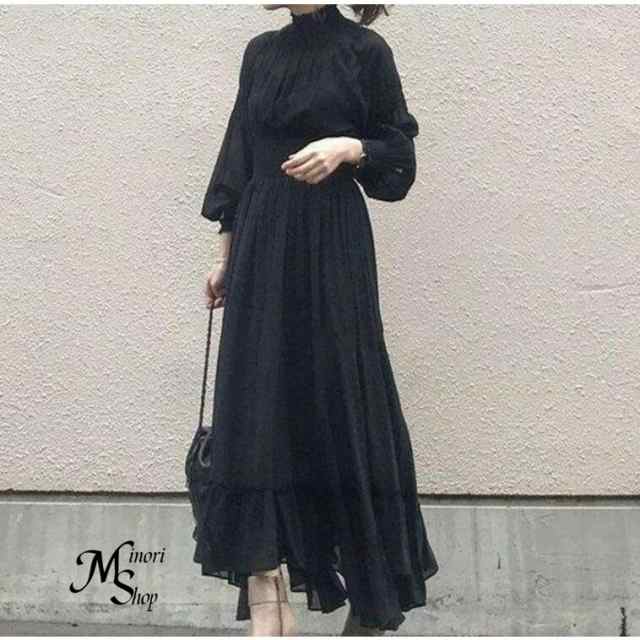 ロングワンピース ワンピース レディース 春 40代 キレイめ オシャレ シフォン 秋 黒ワンピース 結婚式ドレス マキシ丈ワンピース 長袖 