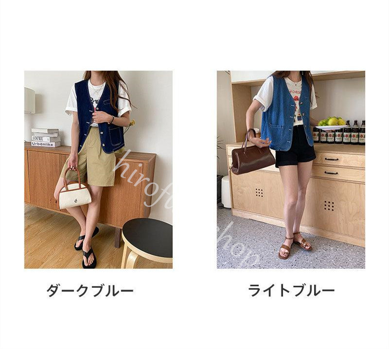 デニムベスト レディース ベスト デニム ノースリーブ ゆったり シンプル トップス 前開き ショート丈 カジュアル アウター 着痩せ ファッション 