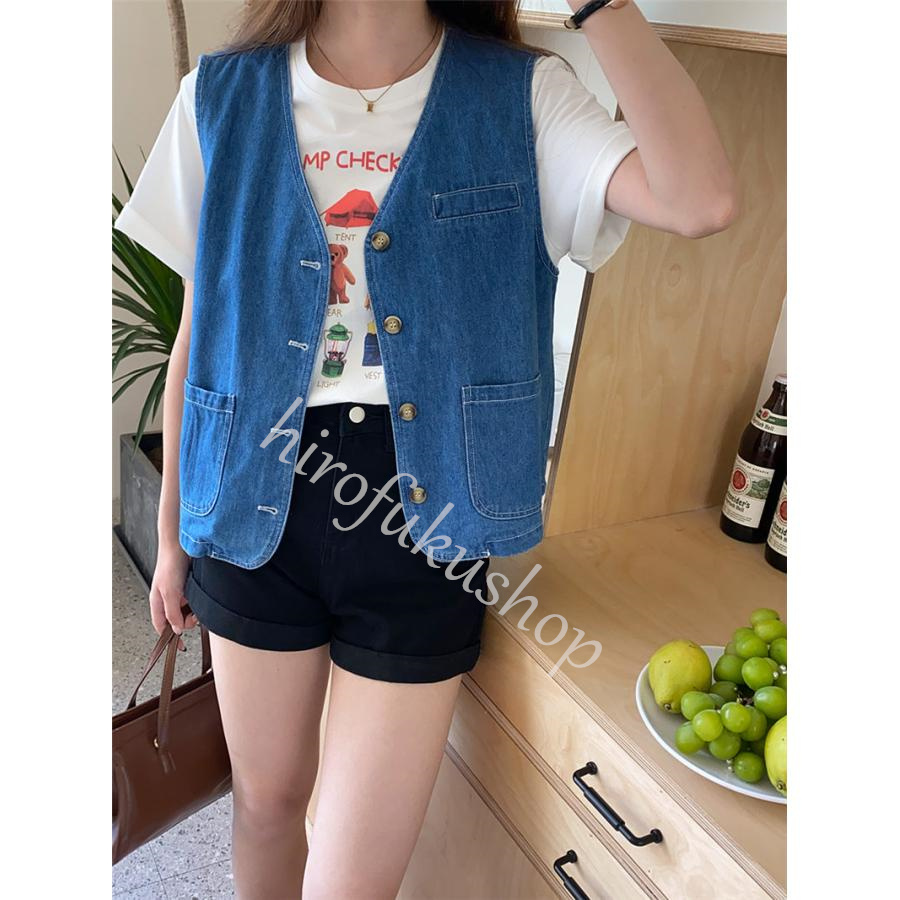 デニムベスト レディース ベスト デニム ノースリーブ ゆったり シンプル トップス 前開き ショート丈 カジュアル アウター 着痩せ ファッション 